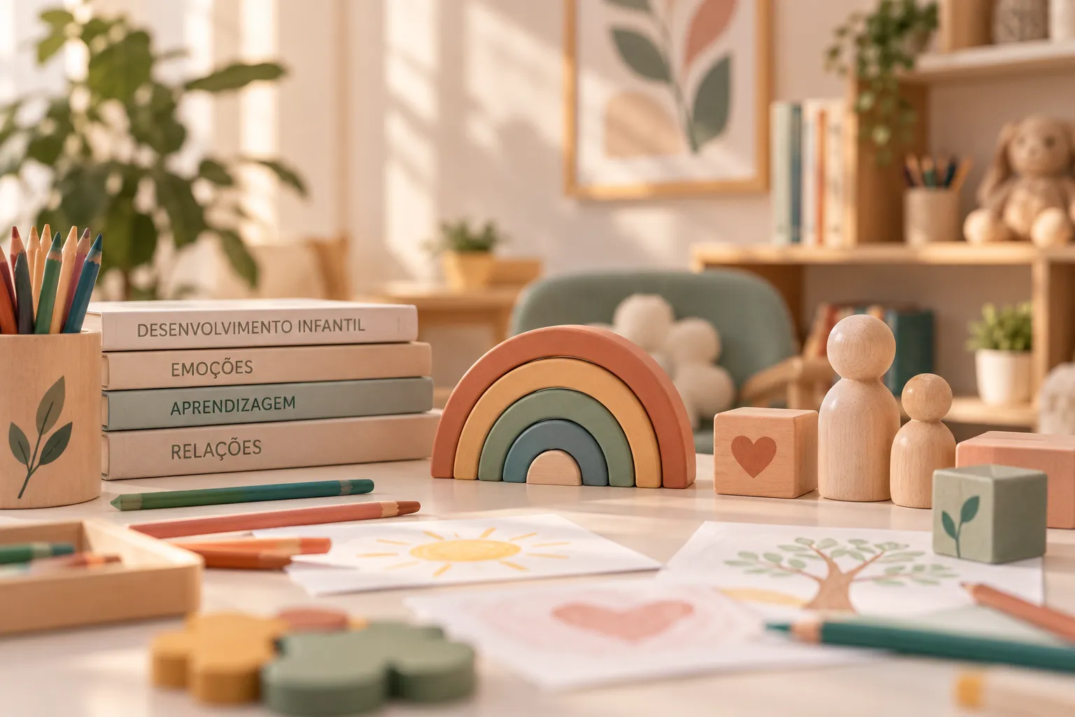 Mesa com arco-íris de madeira, livros sobre emoções e materiais de desenho para crianças