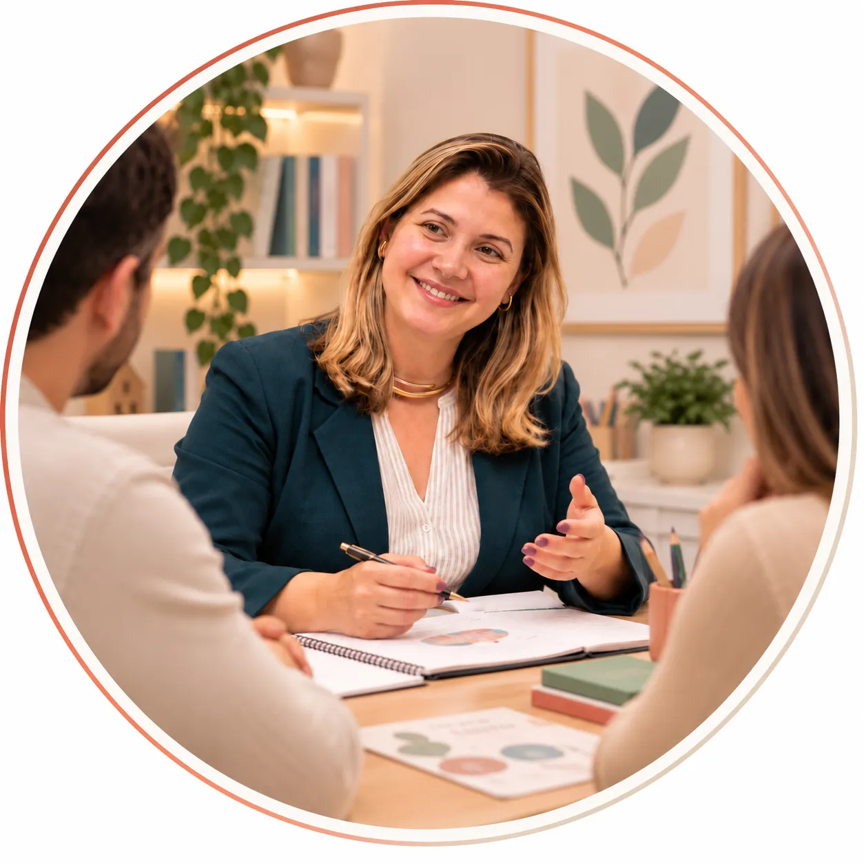 Priscila Porto conversando com um casal de responsáveis em seu consultório