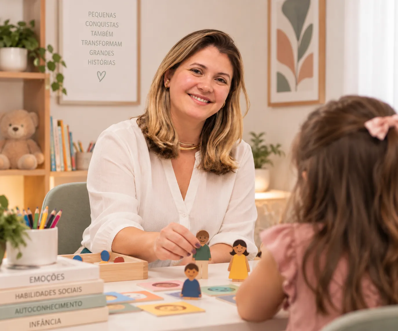 Priscila Porto à mesa com uma menina, brincando com bonecos de madeira e cartões sobre emoções