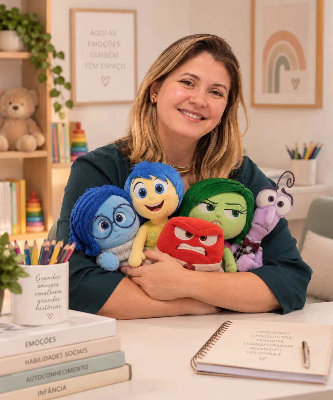 Priscila Porto abraçando bonecos de pelúcia de personagens que representam diferentes emoções