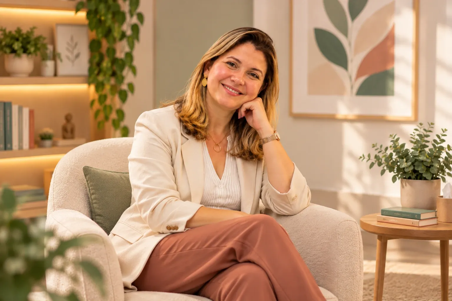 Priscila Porto sorrindo, de blazer claro, sentada em uma poltrona com a mão apoiada no rosto